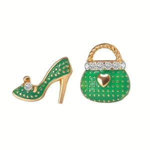 14K Gold Plated Green & Rhinestone High Heel and Handbag Design Earrings